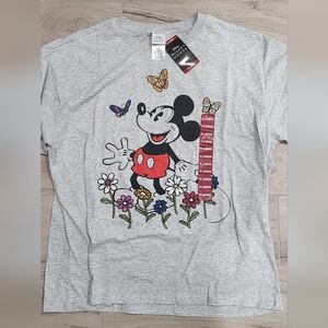 Disney Mickey Mouse Gray Tee with Floral and Butterfly Embrodery Design